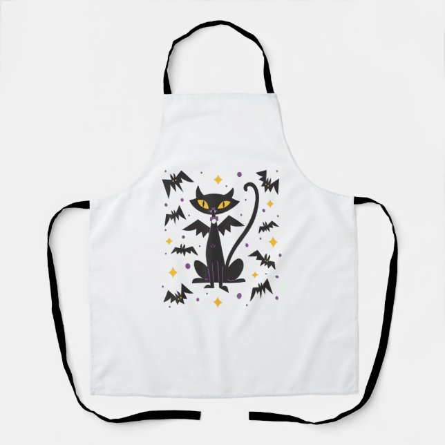 Halloween Mid Century Retro Vampire Black Cat  Apron (Front)