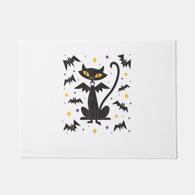 Halloween Mid Century Retro Vampire Black Cat  Doormat (Front)