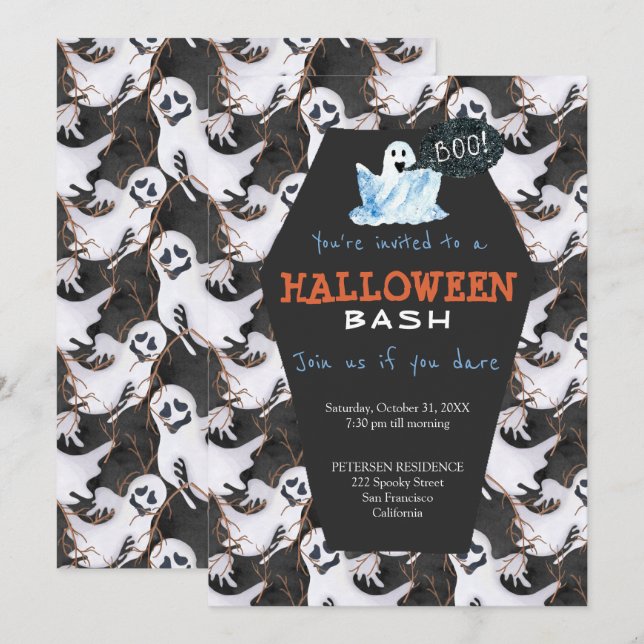 Halloween modern black and white ghosts party invitation (Front/Back)