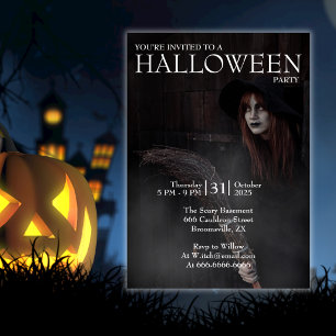 Halloween Modern Gothic Witch Broom Dark Barn Invitation