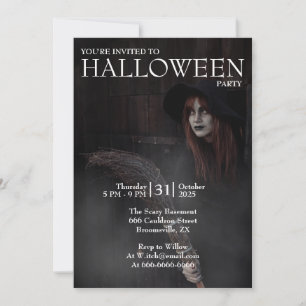 Halloween Modern Gothic Witch Broom Dark Barn Invitation