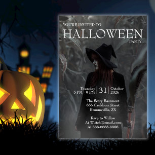 Halloween Modern Gothic Witch in Dark Forest Invitation