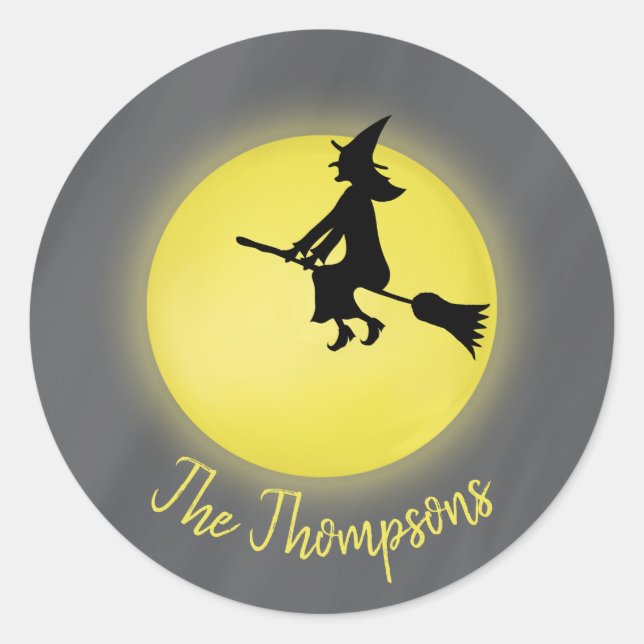 Halloween Modern Whimsical Witch Broomstick Classic Round Sticker (Front)
