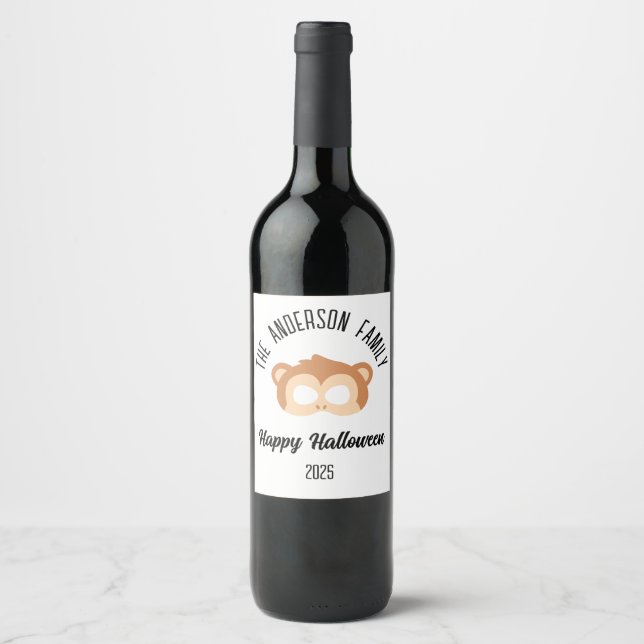 Halloween monkey mask masquerade costume wine label (Front)