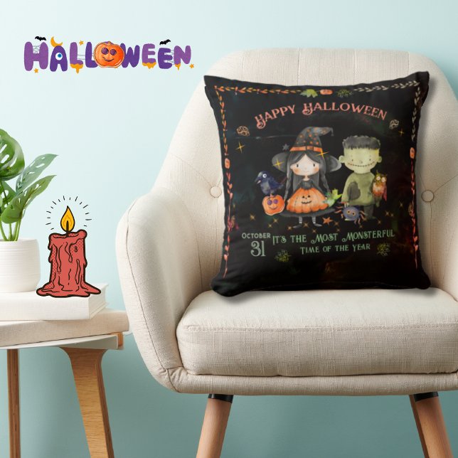  Halloween Monster and a Witch Throw Pillow (Halloween Monster and a Witch Throw Pillow)