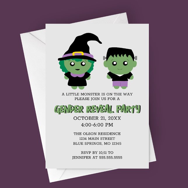 Halloween Monster Gender Reveal Party Invitation (Witch or Monster Halloween Gender Reveal Party Invitation)