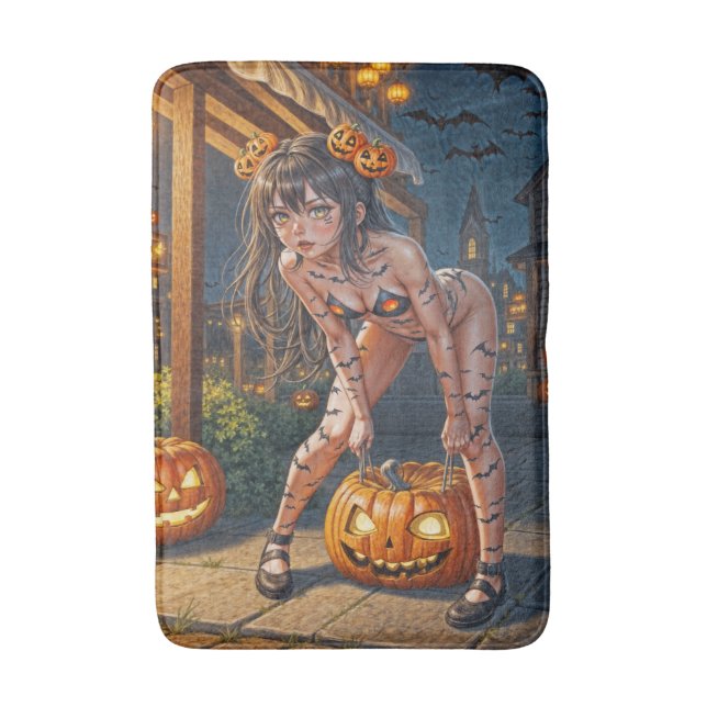 Halloween Monster Jack-o-Lantern & Bat Vixen Girl Bath Mat (Front Vertical)
