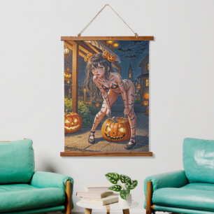 Halloween Monster Jack-o-Lantern & Bat Vixen Girl Hanging Tapestry