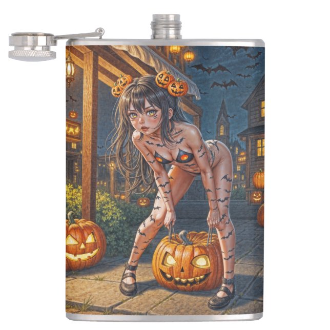Halloween Monster Jack-o-Lantern & Bat Vixen Girl Hip Flask (Opened)