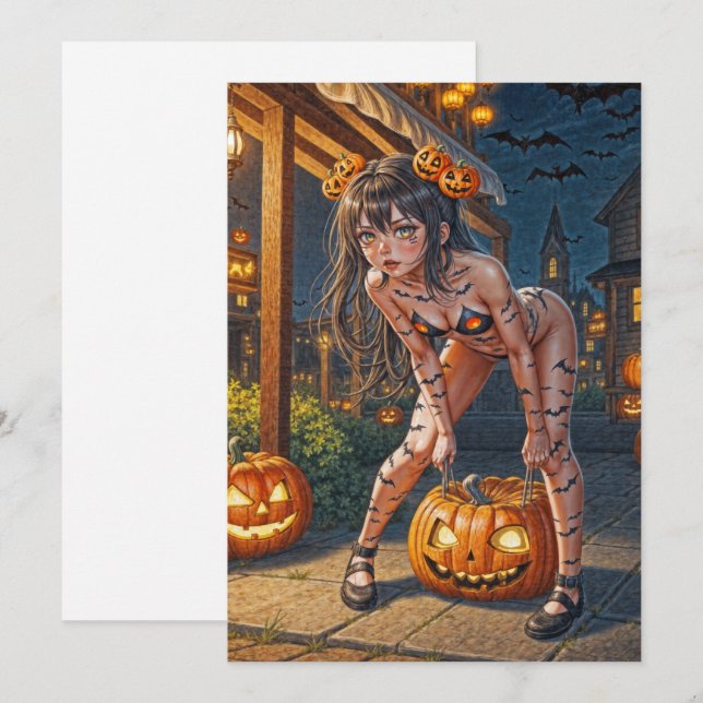 Halloween Monster Jack-o-Lantern & Bat Vixen Girl Invitation (Front/Back)