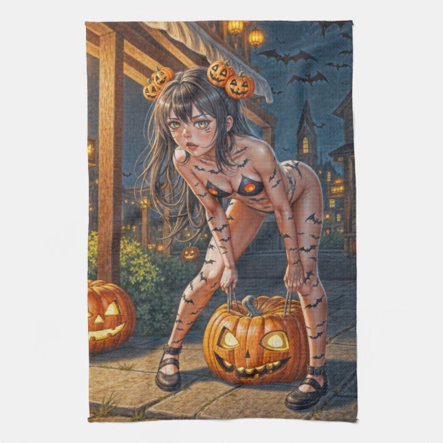 Halloween Monster Jack-o-Lantern & Bat Vixen Girl Kitchen Towel (Vertical)