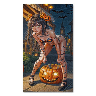 Halloween Monster Jack-o-Lantern & Bat Vixen Girl Magnetic Business Card