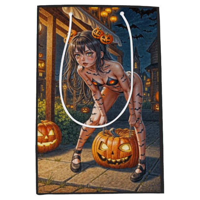 Halloween Monster Jack-o-Lantern & Bat Vixen Girl Medium Gift Bag (Front)