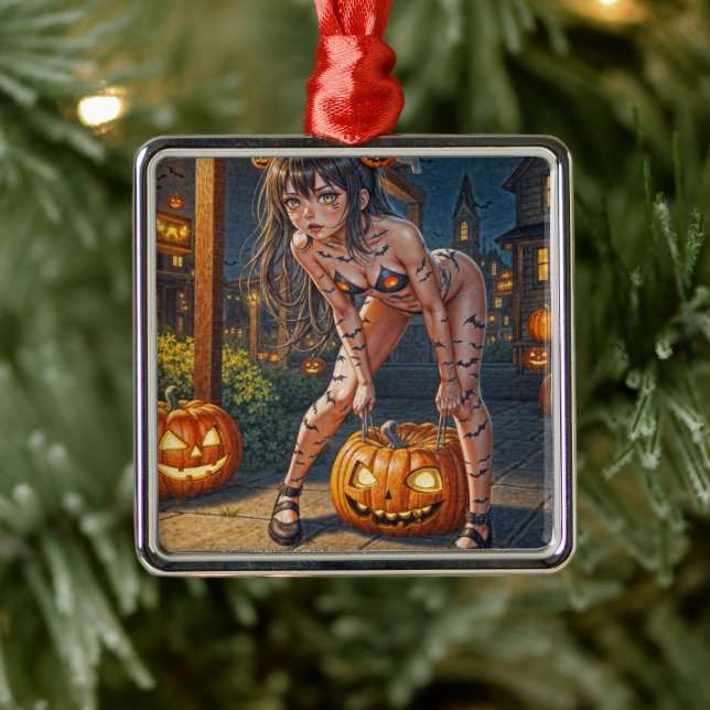 Halloween Monster Jack-o-Lantern & Bat Vixen Girl Metal Ornament (Tree)