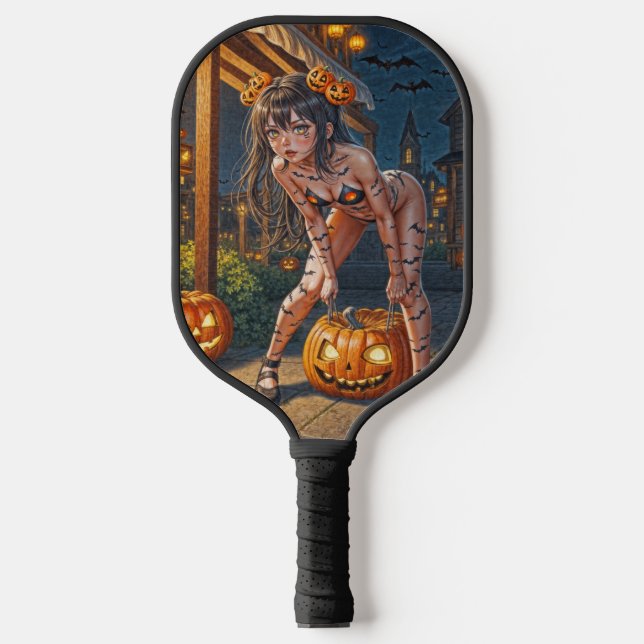 Halloween Monster Jack-o-Lantern & Bat Vixen Girl Pickleball Paddle (Front)