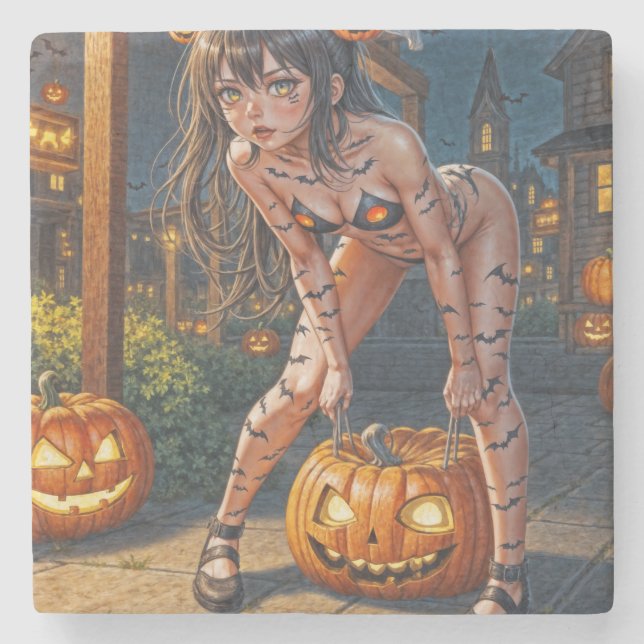 Halloween Monster Jack-o-Lantern & Bat Vixen Girl Stone Coaster (Front)