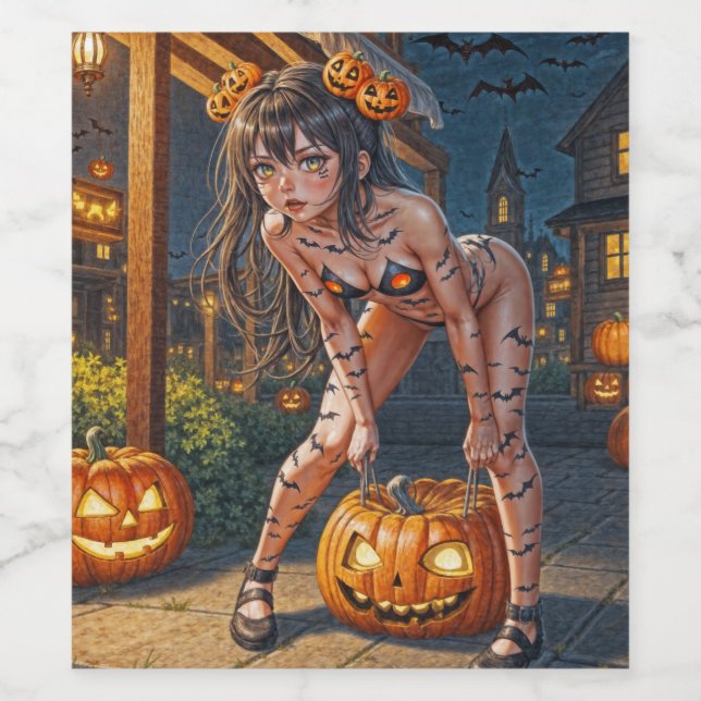 Halloween Monster Jack-o-Lantern & Bat Vixen Girl Wine Label (Single Label)