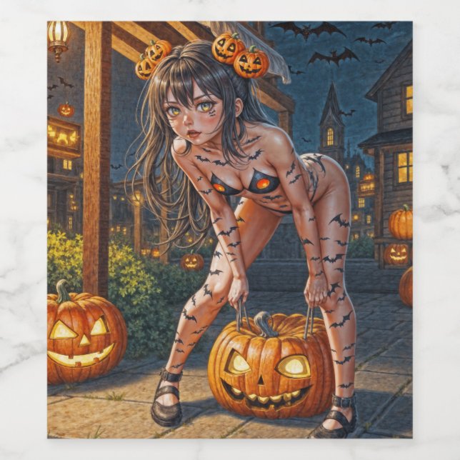 Halloween Monster Jack-o-Lantern & Bat Vixen Girl Wine Label (Single Label)