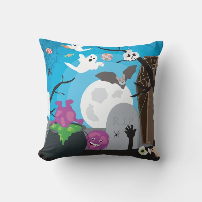 Halloween Monster Scene Throw Pillow (Front)