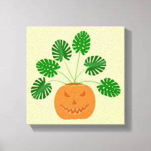 Halloween Monstera Plant in Pumpkin Canvas Print