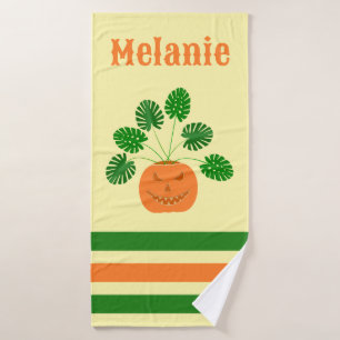 Halloween Monstera Plant in Pumpkin Custom Name Bath Towel