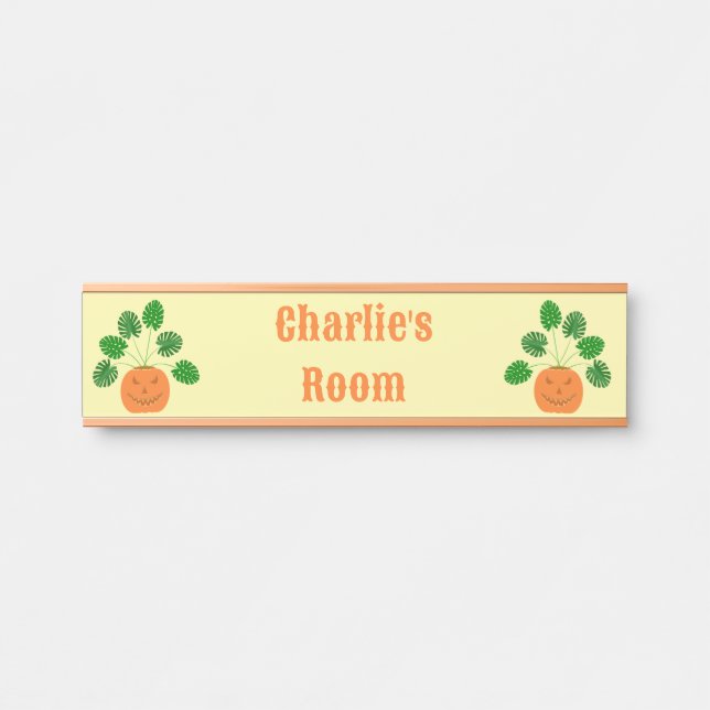 Halloween Monstera Plant in Pumpkin Custom Name Door Sign (Front)