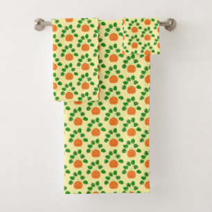 Halloween Monstera Plant in Pumpkin Patterned Bath Towel Set