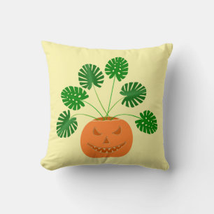Halloween Monstera Plant in Pumpkin Throw Pillow