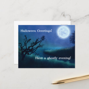 Halloween Moon at Night in Shades of Blue & Green Holiday Postcard
