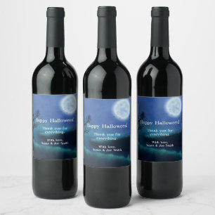 Halloween Moon at Night in Shades of Blue & Green Wine Label