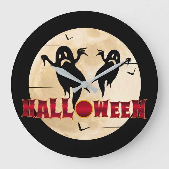 Halloween Moon Silhouette Ghosts Bats Large Clock (Front)