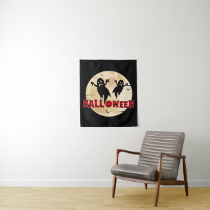 Halloween Moon Silhouette Ghosts Bats Tapestry