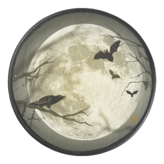Halloween Moon Spooky Crows Hockey Puck (Front)