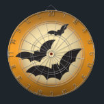 Halloween moon with bats dartboard<br><div class="desc">This dart board has a dark orange background with the moon in the centre and three bats flying in front of the moon.</div>