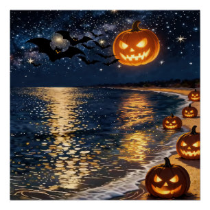 Halloween Moonlight Beach Poster