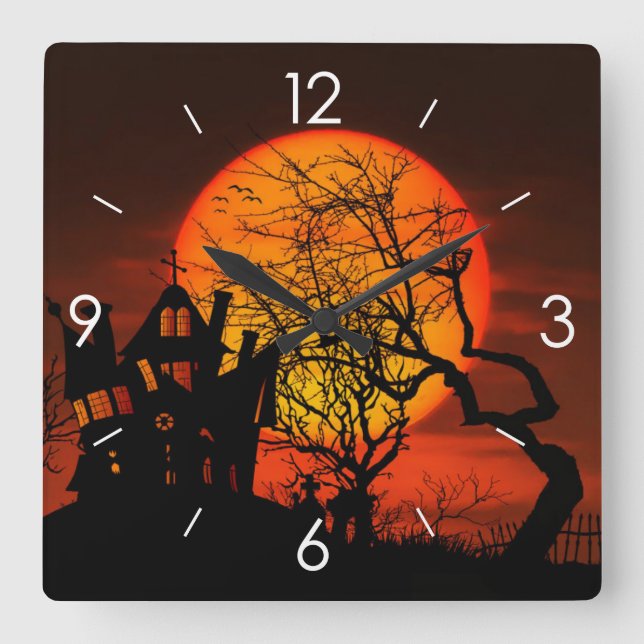 Halloween Moonlight Haunted House Square Wall Clock (Front)