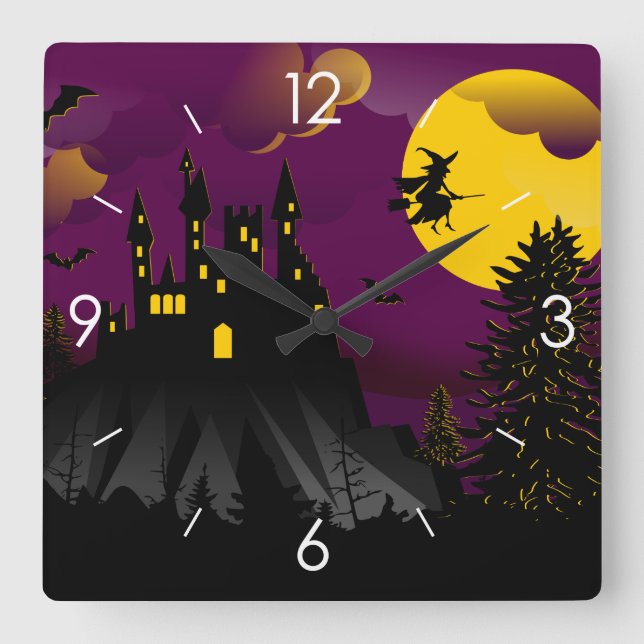 Halloween Moonlight Haunted House Square Wall Clock (Front)