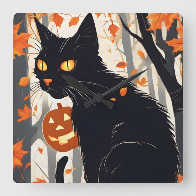 Halloween Moonlight Haunted House Square Wall Clock (Front)