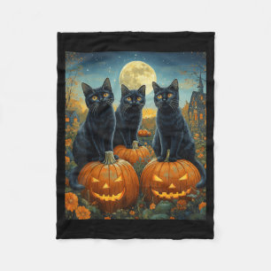 Halloween Moonlit Pumpkin Patch Black Cats Fleece Blanket