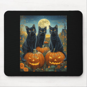 Halloween Moonlit Pumpkin Patch Black Cats Mouse Pad