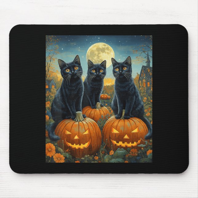 Halloween Moonlit Pumpkin Patch Black Cats Mouse Pad (Front)