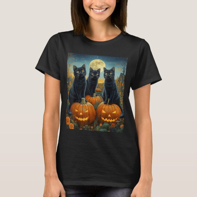 Halloween Moonlit Pumpkin Patch Black Cats T-Shirt (Front)