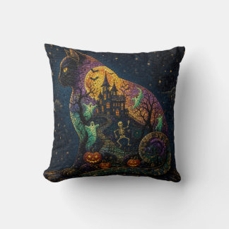 Halloween Mosaic Haunted Castle Black Cat Throw Pillow
