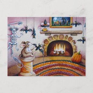 Halloween Mouse Hanging Bat Decorations Watercolor Postcard
