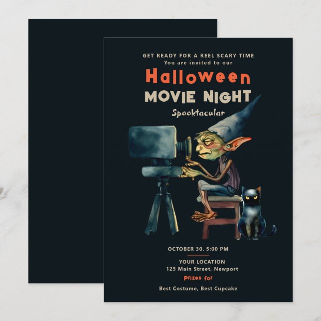 Halloween Movie Night Gremlin Black Cat Black Chic Invitation (Front/Back)