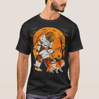 Halloween Mummy Bigfoot Walking With Bulldog T-Shirt