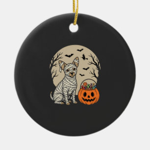 Halloween Mummy Dog and Pumpkin Candy Ceramic Ornament