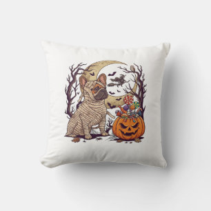 Halloween Mummy French Bulldog Pumpkin Candy Witch Throw Pillow
