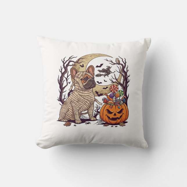 Halloween Mummy French Bulldog Pumpkin Candy Witch Throw Pillow (Front)