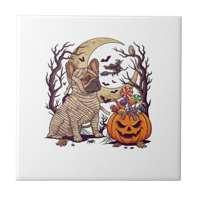 Halloween Mummy French Bulldog Pumpkin Candy Witch Tile (Front)